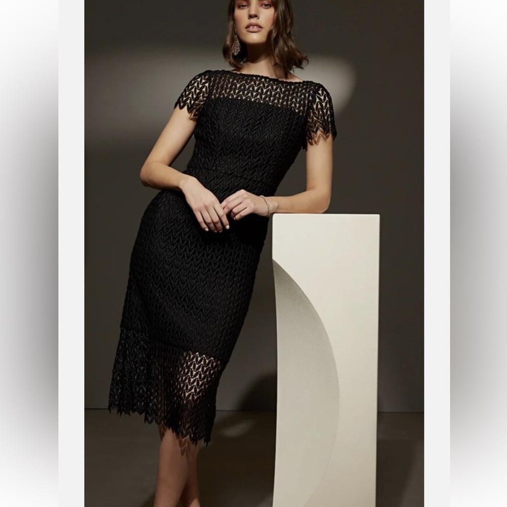 Kay Unger Tatum Floral Lace Midi Black Cocktail Dress Size 12 NWT Weddidng